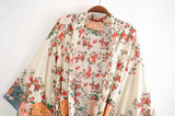 Location Floral Print Long Kimono Shirt Beige Hippie Women Lacing up Tie Bow Sashes Long Cardigan Loose Blouse Tops