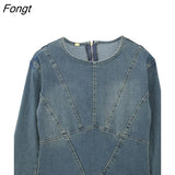Women Denim Dress Back With Zipper Spring Elegant Dresses For Women Round Neck TRAF