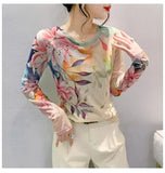 Spring Summer Intimated Silk Fabric T-shirts For Women Fairy Printing Floral Tee Shirt Female Slim High Stretch Top-Outfit