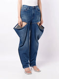 Fongt 2024 New Fashion Temperament High Waist Design Sense Hollow Out Old Jeans Women's Show High Thin Trousers-Outfit