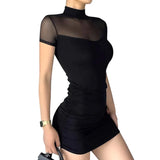 Goth Dark Mock Neck Y2k Bodycon Mini Dresses Gothic Women Mesh Patchwork Sheer Party Dress-Outfit