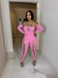 Fongt Female Solid Color Round Collar Hollow Lace Sexy Body Repair Knit 2 Pieces