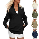 Fongt Hot Style Women's Long Sleeve Half Zipper V-Neck Casual Rib Knit Sweater Women's