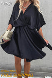 Summer Office Lady V Neck Solid Dress Patchwork Loose Ruffles High Waist Dress Women Casual Short Sleeve Streetwear