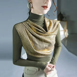 Chic Sequined Gauze T-shirt Patchwork Female Clothing Casual Turtleneck Spring Autumn Slim All-match Long Sleeve Pullovers-Outfit