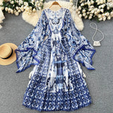 Fongt Autumn Dress New 2025 Small Design Style Holiday Style Retro Print Sleeve Chiffon Long Dress