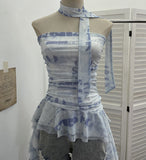 Fongt Shooting Spice Girls Irregular Lotus Leaf Side Ribbon With Non-Slip Strip Mesh Printing Chest Vest 8037