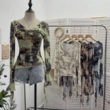 Fongt Shooting Strapped With Hollow Retro Print Long-Sleeved Mesh T-Shirt Ribbon Design Spring And Summer Top 1195
