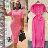 Fongt Style Temperament Knitting New High-End Collar Single Buckle Short Sleeve Slimming French Style Long Dress