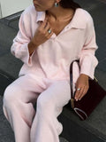 Fongt And Winter Solid-Color Lap-Over Sweater Set Women's Loose Knit Polo Collar Sweater Broad Leg Pants Two-Set