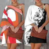 New Wish Women's Print Sexy Diagonal Collar Off The Shoulder Dress S-Outfit