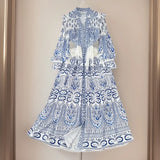 Fongt And Autumn Retro Court Style Lotus Leaf Side V-Neck Single Buckle Lantern Sleeves To Close The Waist A Word Print Dress Woman