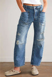 Fongt New Retro Hole Straight Trousers Casual Splicing Trousers Loose Jeans Woman