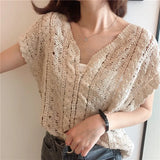 Fongt Hollow Knitted Vest Top Summer New Sleeveless Loose Retro Lotus Lace Vest Women