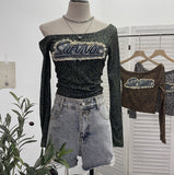 Fongt Girls Letter Sticker Leopard Long-Sleeved T-Shirt 2025 Autumn New Thin Short Top 1112