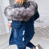 Winter Women Faux Fur Coat Long Sleeve Thicken Fur Hood Plush Warm Denim Coat Large Size Jacket Ripped Button Denim