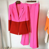 QUALITY Newest 2023 Designer Runway Set Women's Star Style Single Button Color Block Blazer Flare Pants