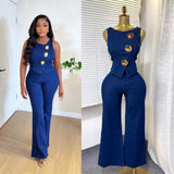 Fongt Temperament Design Sense Metal Buckle Round-Neck Sleeveless Vest + High-Waist Broad-Legged Trousers Denim Set Of Women