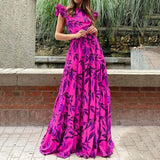 Fongt 2025 Dopamine Women's Printed Round Collar Long Lotus Leaf Side Dress