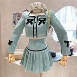 Autumn Winter Tweed 2 Piece Set Women Sweet Sexy Bow Short Jacket Coat + High Waist A-line Skirt Suits Korean Vintage