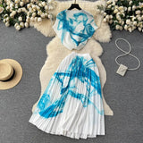 Blooming Printed Skirt Suit Women's New Thread Temperament Half-high Collar Top + Pleated Skirt Two-piece Set-Outfit