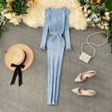Fongt Women's Autumn And Winter 2025 New Korean Version Of Simple Solid Color Long Sleeves Tight Waist Thin Knit Long Dress
