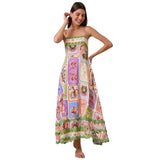 Fongt Women's Suspension Printed Vacation Style Sleeveless Dress Lace Decoration 8109