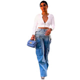 Fongt Women's Tie Jeans Women's Fashion High-Waist Multi-Pocket Gradient Wide-Legged Leggings