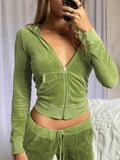 Velvet Hooded Jacket Women'S Sweatshirts Harajuku Pockets Zip Up Crop Hoodies Aesthetic Slim Top Autumn Clothes-Outfit