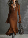 Fongt Fashion Elegant Temperament Zippered Horn Sleeve Knitted Fishtail Skirt
