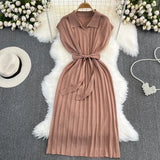 Fongt Summer French Retro Temperament Polo Collar Loose Belt A-Word Knitted Dress Casual Dress