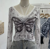 Fongt Shot Micro-Permeable Mesh Butterfly Print Splicing Lace Hanging Neck Horn Long-Sleeved T-Shirt Repair Short Top 1286
