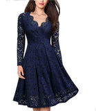 Women's Elegant Lace Dress for Party Evening Club Vintage Long Sleeve V Neck Solid Bridesmaid Dress Slim Mini Dress