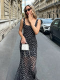 Fongt Temperament Wave Spot With Color Sexy Repair Body Mesh Splicing Bag Slings Dress Long