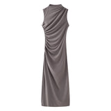 New Wrinkle Decorated Slim Long Midi Dress 3152200-Outfit