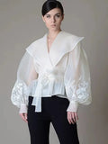 Fongt Retro Palace Style Top Autumn 2024 New Organza Lapel Lantern Sleeve Lace Printed Shirt Girl-Outfit