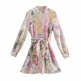Women Elegant Pink Flower Print Breasted Shirtdress Female Long Sleeve Bow Sashes Vestido Chic A Line Mini Dresses