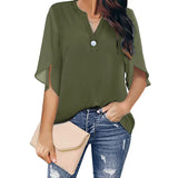 Fongt Women's Women's Short Sleeve Elegant Casual Solid Color V Collar Chiffon Shirt Chiffon