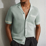 Fongt Men's Sexy Hollow Men's Knitted Summer Cuban Collar Short-Sleeved Polo Shirt