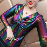 Glossy Contrasting Colors Slim T-shirt 2023 Spring Autumn Long Sleeve Female Clothing Sexy V-Neck Stylish Folds Pullovers-Outfit