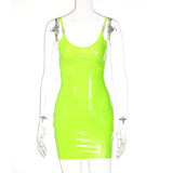 Blue PU Leather Bodycon Dress 2023 Summer Women Sleeveless Low Cut Back Zipper Elastic Mini Dress Party Club