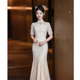 New Chinese Cheongsam Toasting Bride 2025 New Engagement Dress Fishtail Skirt High-End Wedding Day