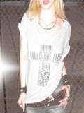 Fongt Sub-Series Cross Scald Copper Slanted Shoulder Loose Casual T-Shirt Hottie Street Sexy V-Neck On The Shoulder