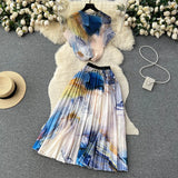 Blooming Printed Skirt Suit Women's New Thread Temperament Half-high Collar Top + Pleated Skirt Two-piece Set-Outfit