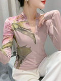 Autumn Fashion Bronzing T-shirt Women Located Printing Big Flowers Slim TShirts Female High Stretch Top HF8730-Outfit