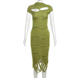 Fongt New Women's Hm Hop To Make Old Slant Collar Knitted Pure Color Irregular Short-Sleeved Dress