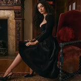 Black Velvet Cardigan Sleeve Strappy A-line Midi Dress-Outfit