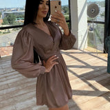 Sexy Sashes Satin A Line Mini Dress Deep V Neck Front Cross Lantern Sleeve Drawn Back Casual Dress 2021 New Women