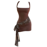 Fongt Girl Leopard Spliced Ribbon Ribbon Dress Women's New Summer Small Design-Style Ass Short Skirt