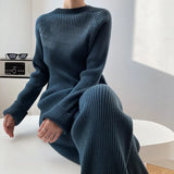 Fongt And Winter Solid Color Round Collar Open Fork Sweater Set Women's Loose Knitting Tops Broad Leg Pants Two Sets